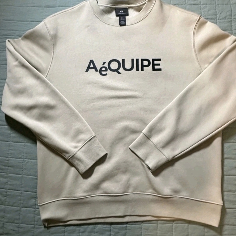 AéQUIPE Beige Crew Neck Logo Pullover Sweatshirt Jersey Cotton Men’s Long Sleeve